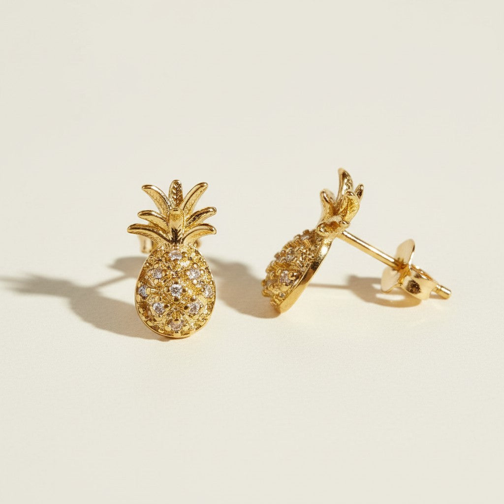 : pineapple stud earrings, pavé pineapple earrings, gold pineapple studs, tropical stud earrings, crystal fruit earrings, dainty novelty earrings, summer stud earrings, pineapple earrings detail