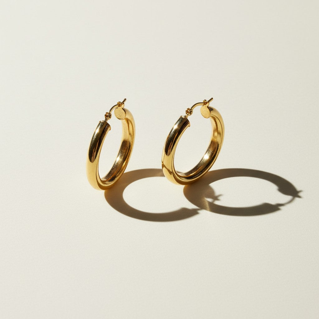 classic gold hoop earrings, gold tube hoop earrings, polished gold hoops, medium gold hoop earrings, thick gold hoops, hinged hoop earrings, latch back hoops, everyday gold hoops, timeless hoop earrings, minimalist gold hoops, lightweight chunky hoops, gift for her