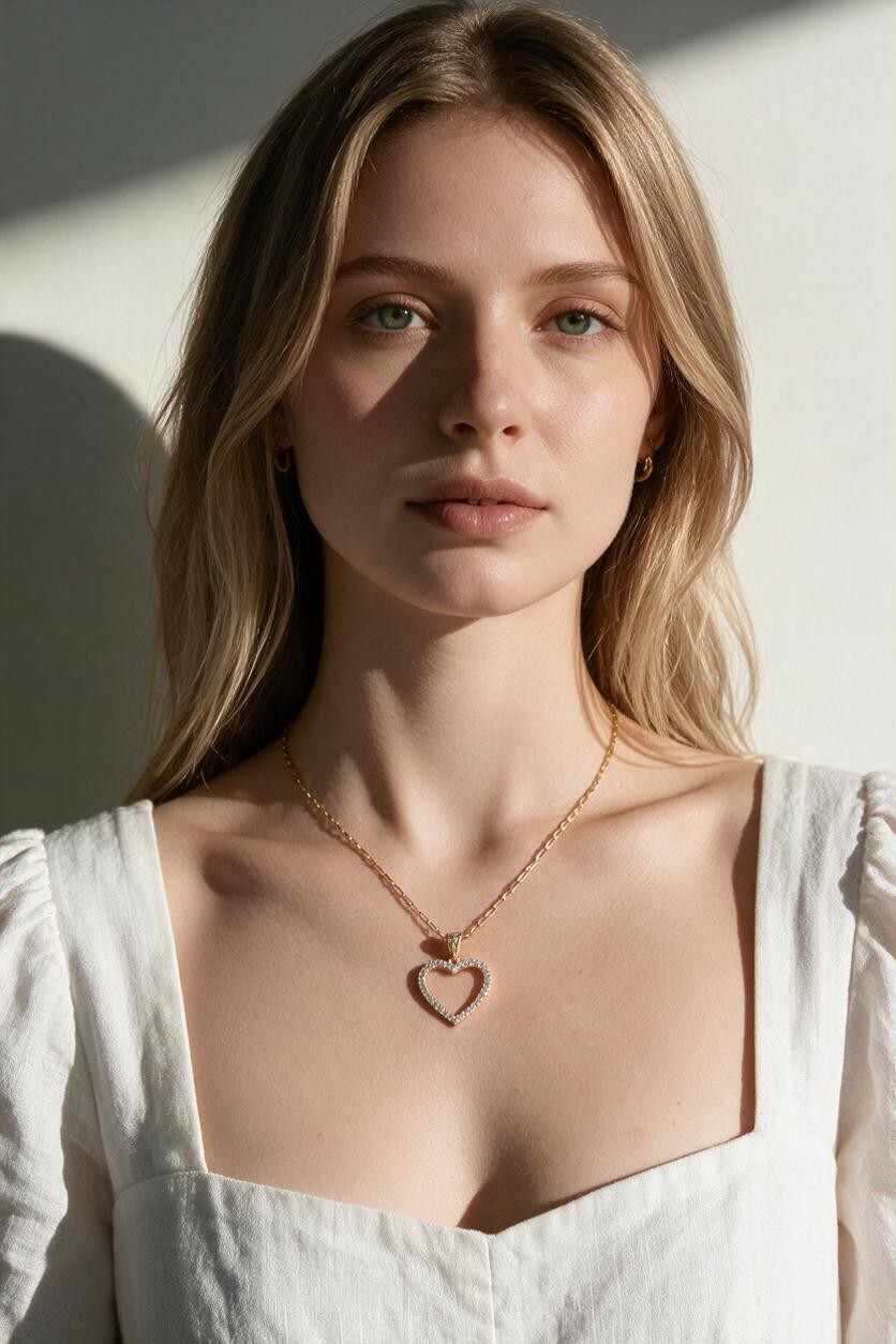 heart necklace on model, pavé heart pendant lifestyle, open heart necklace styled, crystal heart necklace editorial, gold heart pendant on neck, romantic layering necklace
