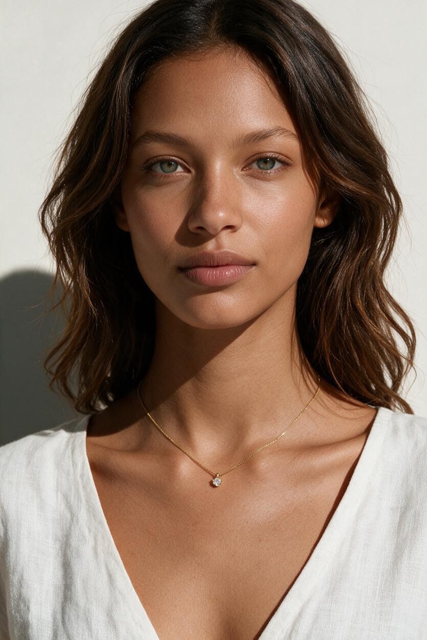 gold solitaire necklace on model, dainty solitaire pendant, minimalist gold necklace, single stone pendant necklace, delicate gold chain necklace, cubic zirconia solitaire necklace, collarbone necklace, everyday sparkle necklace, layering necklace, anniversary gift for her, bridesmaid necklace, gift for her