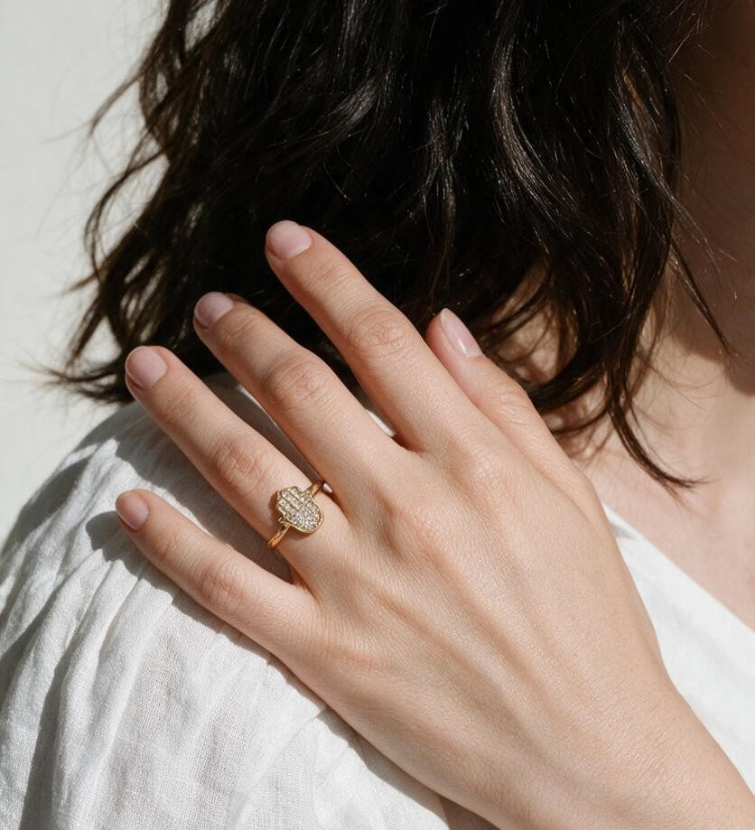 hamsa ring, pavé hamsa hand ring, crystal hamsa ring, gold hamsa jewelry, dainty symbol ring, protective charm ring, minimalist stacking ring, hamsa ring on model
