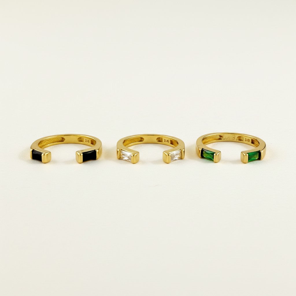 open baguette ring, gold ring with stones, adjustable open ring, black baguette ring, emerald baguette ring, clear crystal open ring, stacking gold ring, statement baguette jewelry