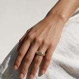 chunky gold dome ring on hand, crystal dome ring, wide gold band ring, statement gold ring, sparkly dome ring, cubic zirconia band ring, thick gold ring, scattered crystal ring, gold stacking ring, bold gold ring, matching ring and earrings, women’s chunky ring