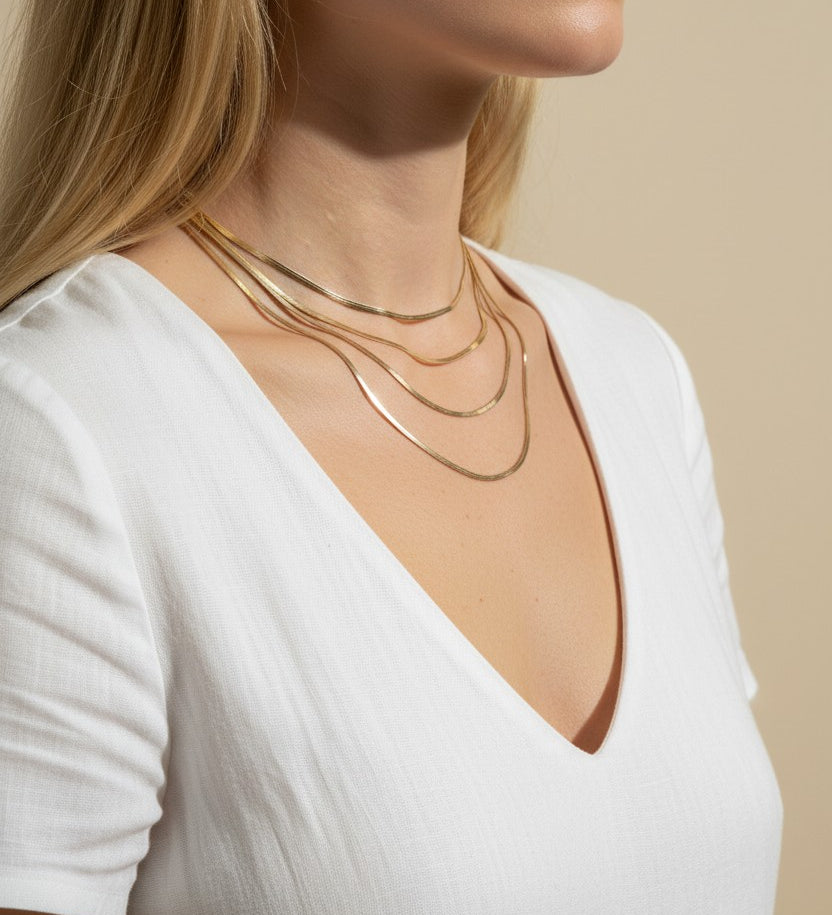 herringbone chain layering, mixed width gold necklaces, layered herringbone necklace set, gold chain stacking, 18k gold overlay layered necklaces, herringbone necklace styling, thick and thin chain layering, gold necklace stack on model