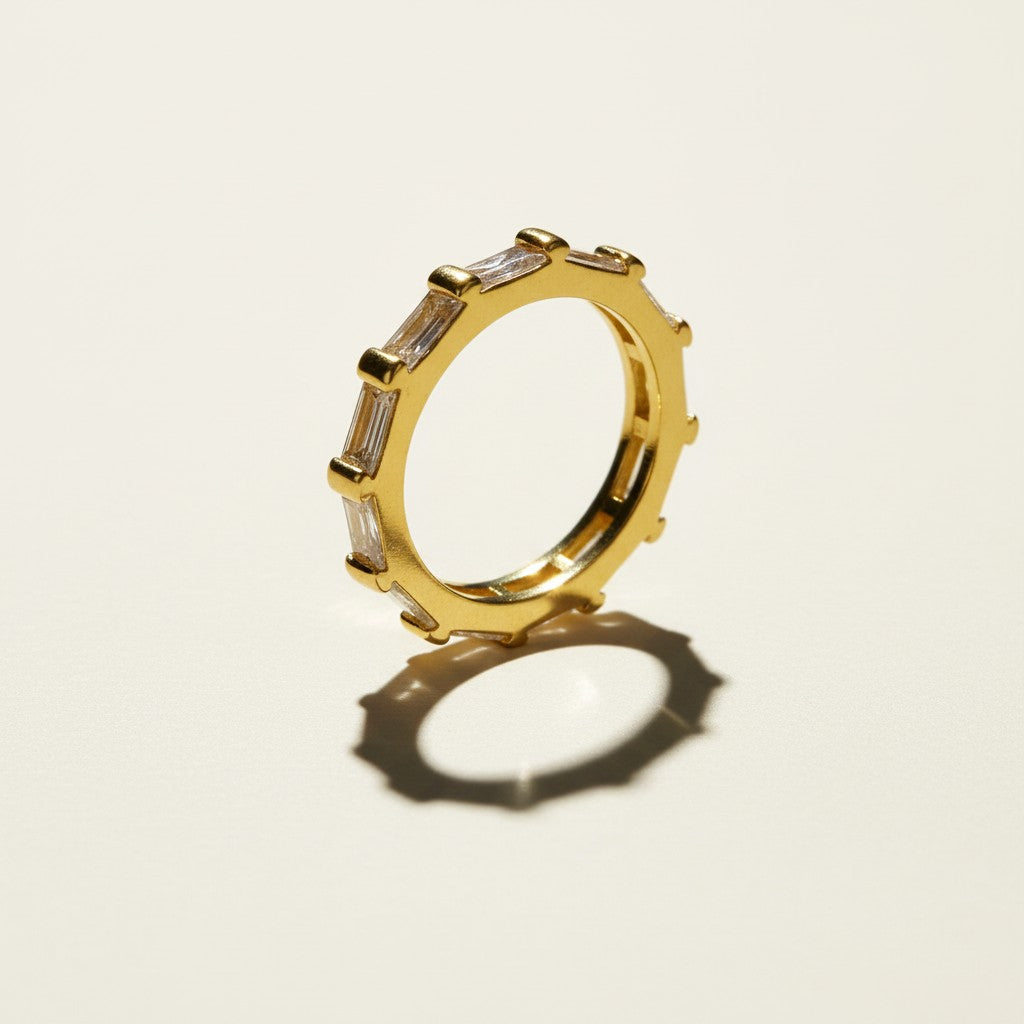baguette eternity ring, gold eternity band, emerald baguette ring, black baguette eternity band, clear crystal eternity ring, statement stacking ring, gold band with stones, baguette cut ring