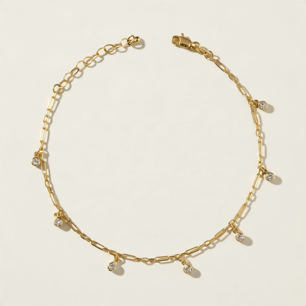gold paperclip chain anklet, crystal charm anklet, dangling crystal anklet, bezel crystal anklet, gold-tone ankle bracelet, dainty gold anklet, adjustable gold anklet, lobster clasp anklet, summer anklet, beach anklet, layering anklet, gift for her jewelry