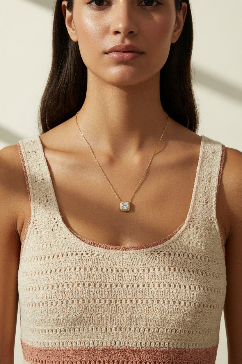 gold paperclip chain necklace, square halo pendant necklace, crystal pendant necklace on model, princess cut pendant necklace, pavé halo necklace, dainty gold necklace, gold-tone layering necklace, collarbone necklace, everyday gold necklace, minimalist pendant necklace, gift for her jewelry, scoop neck necklace