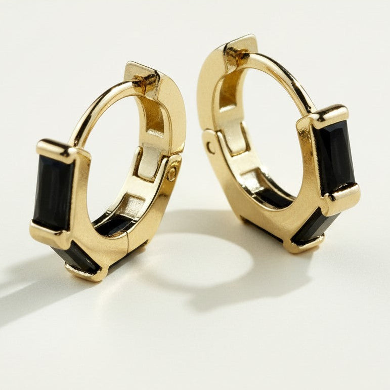 gold baguette hoop earrings, huggie hoops with stones, black baguette earrings, emerald huggie hoops, clear crystal hoop earrings, gold huggie hoops colorways, baguette cut earrings, statement huggie hoops