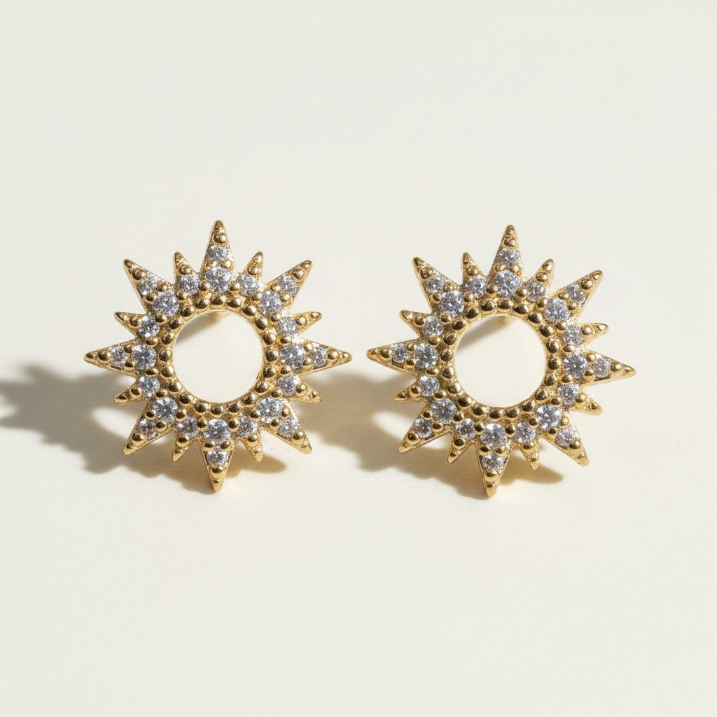 gold sunburst earrings, pavé starburst studs, celestial stud earrings, gold star earrings, cubic zirconia sunburst studs, sun stud earrings, dainty gold stud earrings, astrology jewelry earrings