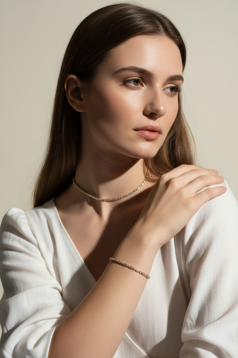 round CZ tennis choker, matching tennis bracelet set, cubic zirconia jewelry set, tennis necklace and bracelet, round cut CZ set on model, sparkly matching jewelry, layering tennis set, dainty CZ choker and bracelet