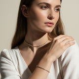 round CZ tennis choker, matching tennis bracelet set, cubic zirconia jewelry set, tennis necklace and bracelet, round cut CZ set on model, sparkly matching jewelry, layering tennis set, dainty CZ choker and bracelet