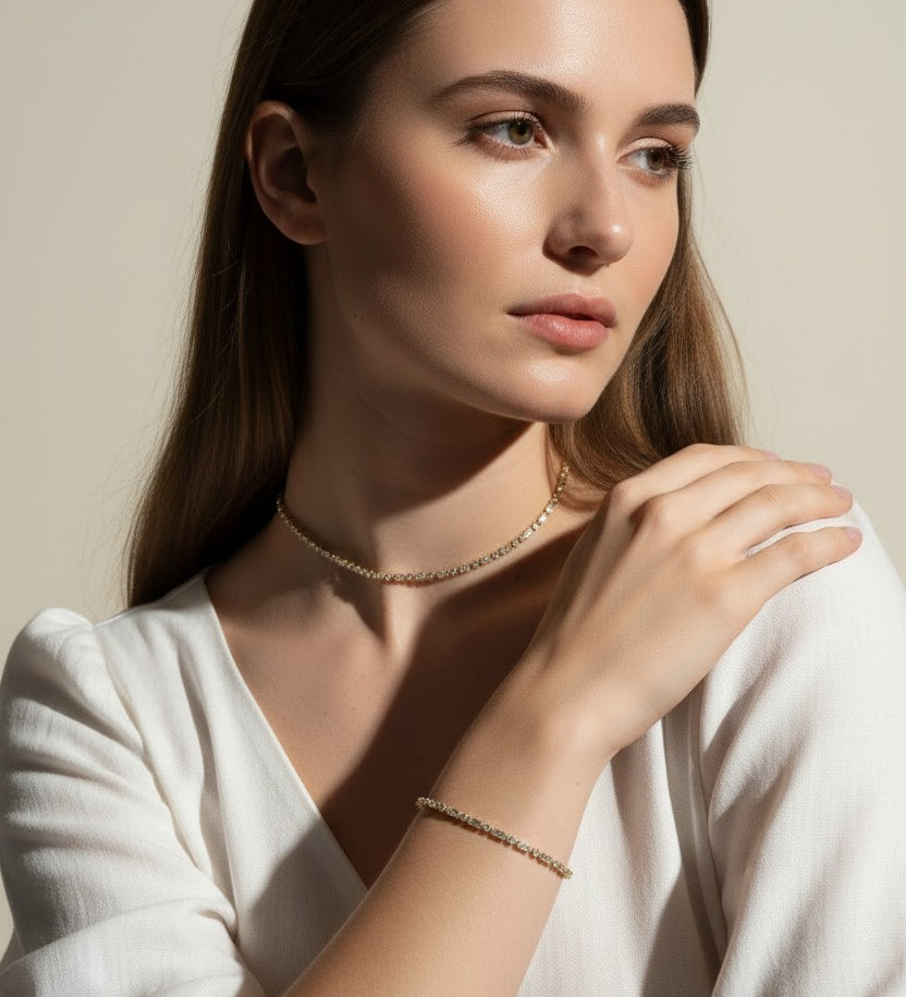 round CZ tennis choker, matching tennis bracelet set, cubic zirconia jewelry set, tennis necklace and bracelet, round cut CZ set on model, sparkly matching jewelry, layering tennis set, dainty CZ choker and bracelet