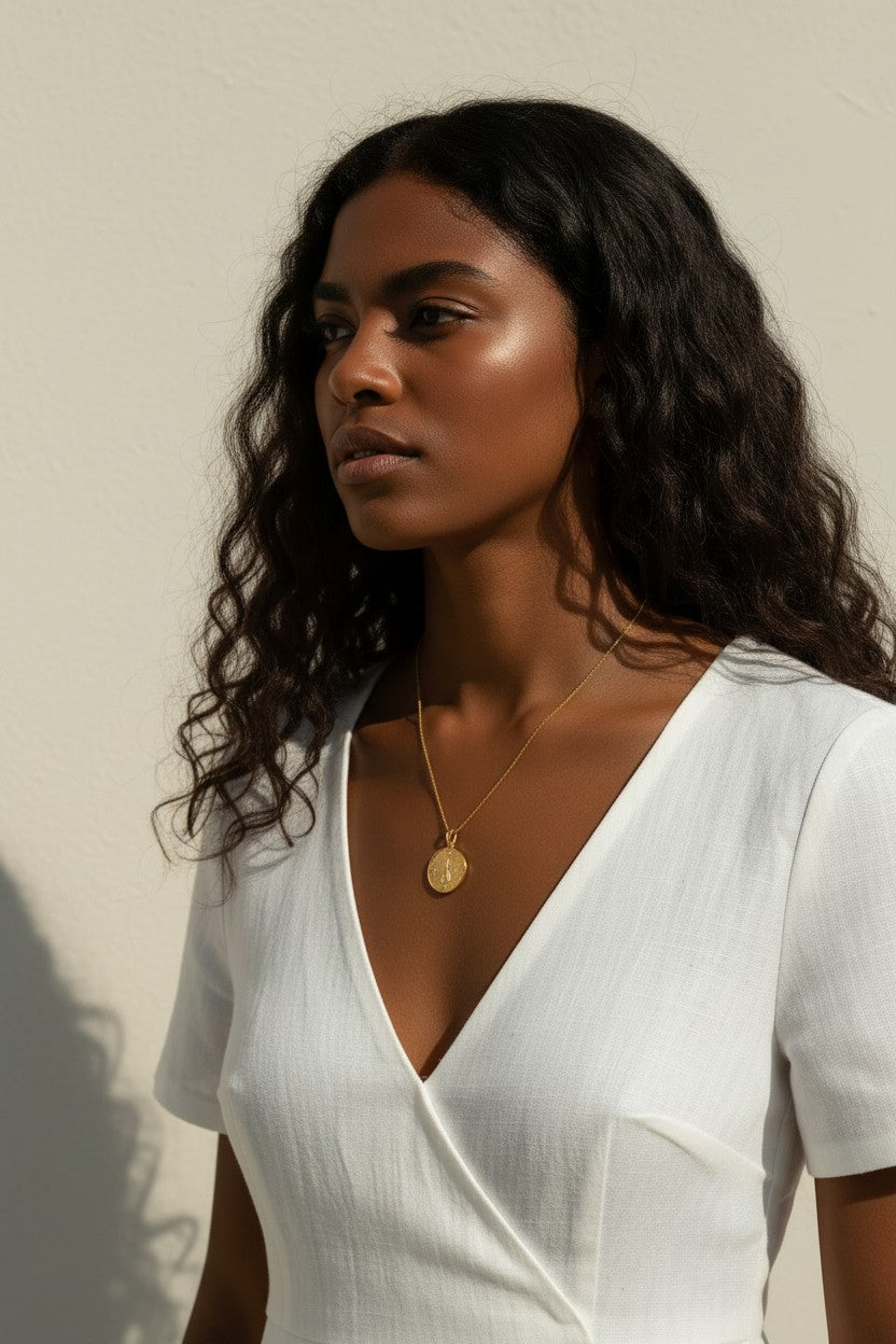 gold wishbone necklace, compass coin pendant necklace, medallion necklace gold, symbolic jewelry, vintage coin necklace, textured gold necklace, lucky charm necklace, layering necklace