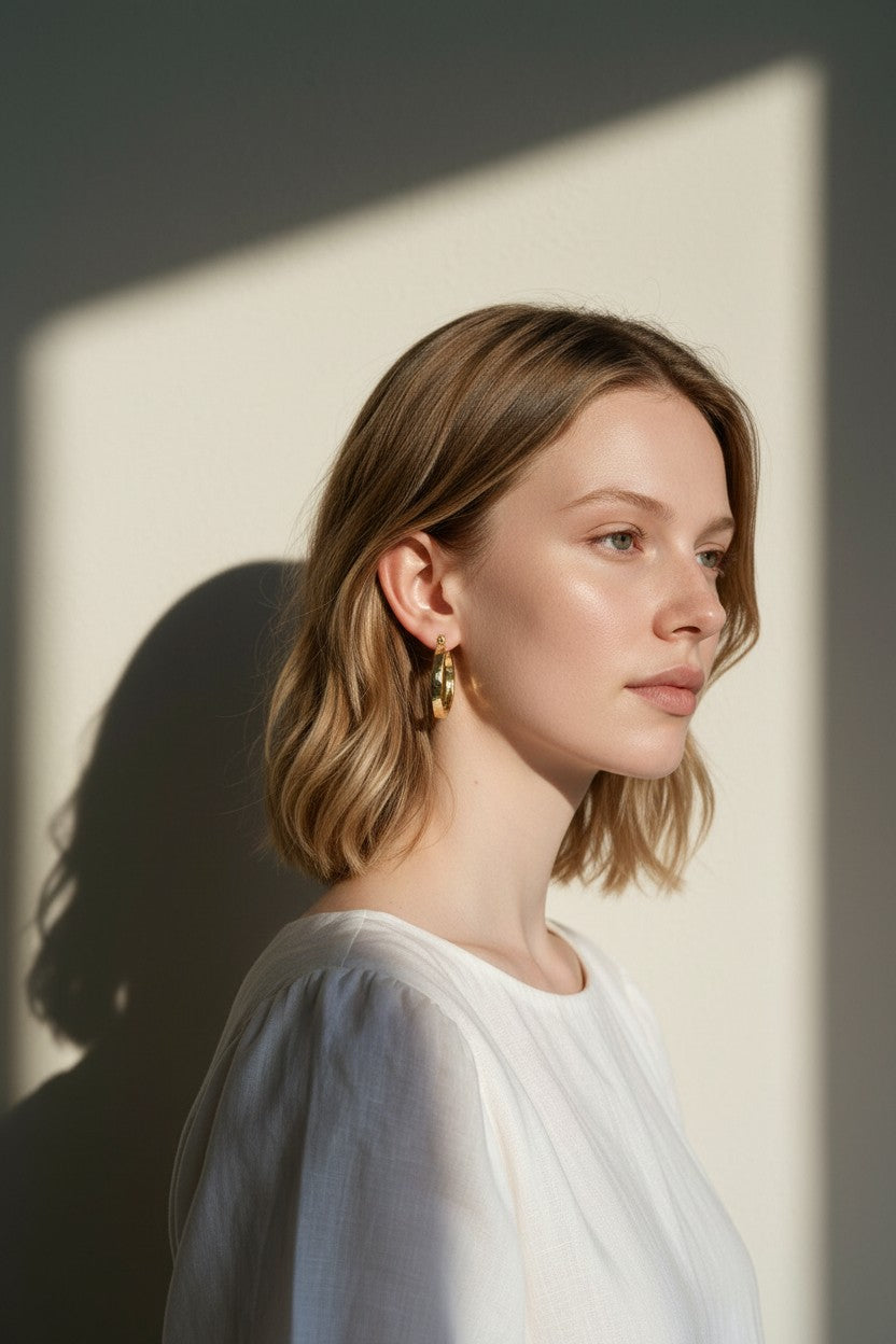 gold flat hoop earrings on model, wide band hoop earrings, medium gold hoop earrings, textured gold hoops, polished gold hoop earrings, modern hoop earrings, statement hoops, everyday gold hoops, minimalist hoop earrings, hoop earrings for bob hair, gift for her, linen summer style jewelry