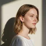 gold flat hoop earrings on model, wide band hoop earrings, medium gold hoop earrings, textured gold hoops, polished gold hoop earrings, modern hoop earrings, statement hoops, everyday gold hoops, minimalist hoop earrings, hoop earrings for bob hair, gift for her, linen summer style jewelry