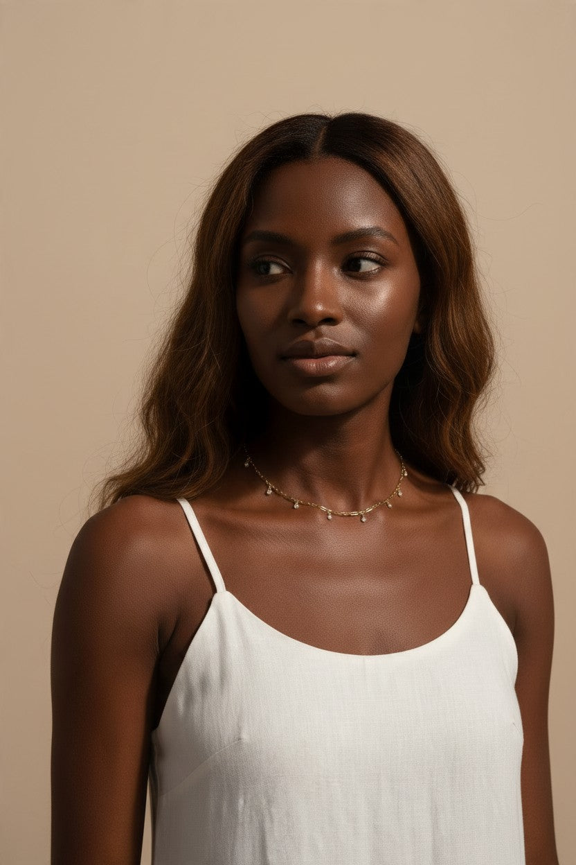 gold paperclip chain necklace, crystal station necklace on model, dangling crystal choker, bezel crystal necklace, gold-tone choker necklace, dainty gold necklace, sparkle chain necklace, collarbone necklace, layering necklace, bridal party necklace, everyday gold necklace, gift for her jewelry