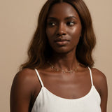 gold paperclip chain necklace, crystal station necklace on model, dangling crystal choker, bezel crystal necklace, gold-tone choker necklace, dainty gold necklace, sparkle chain necklace, collarbone necklace, layering necklace, bridal party necklace, everyday gold necklace, gift for her jewelry