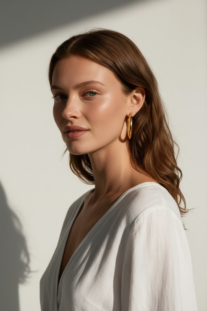 classic gold hoop earrings on model, gold tube hoop earrings, polished gold hoops, medium gold hoop earrings, thick gold hoops, everyday gold hoops, timeless hoop earrings, minimalist gold hoops, lightweight chunky hoops, hoop earrings for long hair, gift for her, summer linen style jewelry