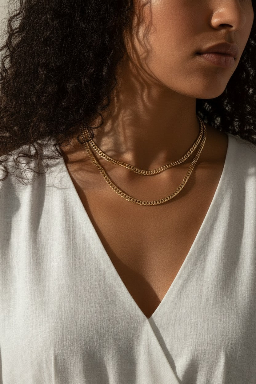double layer curb chain necklace, layered gold necklace, curb link necklace, two-strand gold necklace, gold chain necklace, everyday layering necklace, statement chain necklace, on-model necklace photography