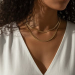 double layer curb chain necklace, layered gold necklace, curb link necklace, two-strand gold necklace, gold chain necklace, everyday layering necklace, statement chain necklace, on-model necklace photography
