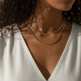 double layer curb chain necklace, layered gold necklace, curb link necklace, two-strand gold necklace, gold chain necklace, everyday layering necklace, statement chain necklace, on-model necklace photography
