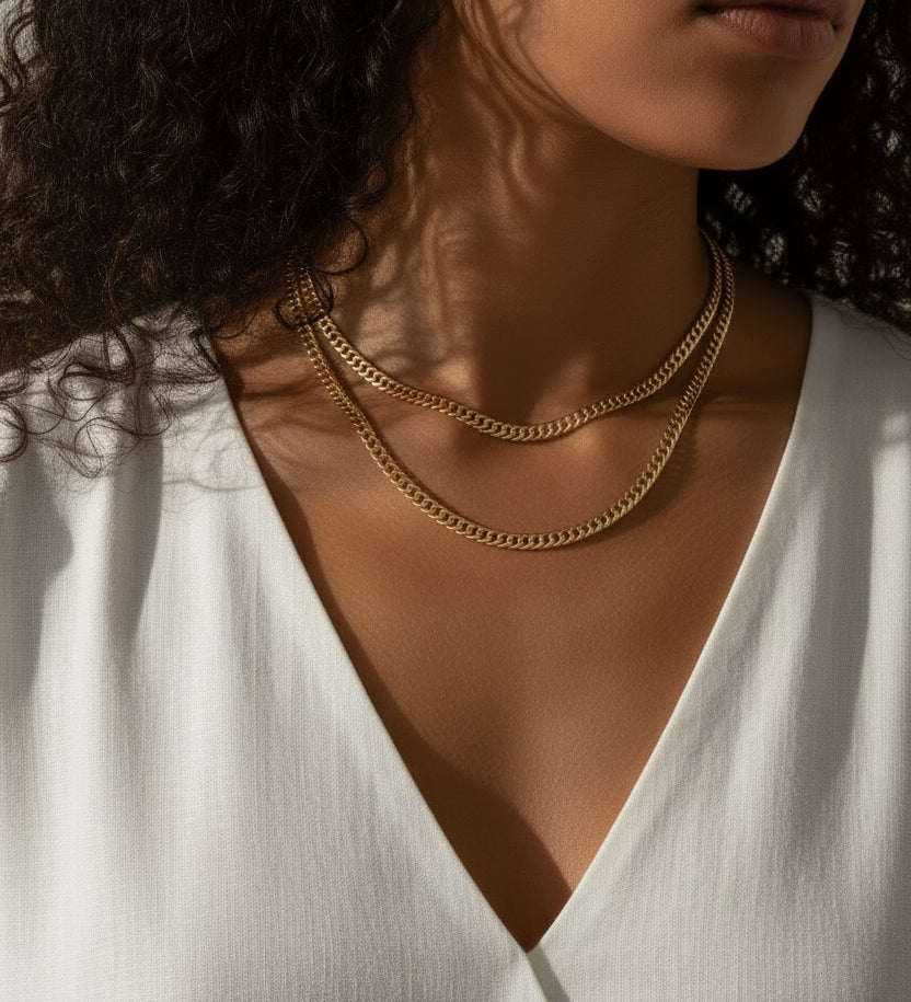 double layer curb chain necklace, layered gold necklace, curb link necklace, two-strand gold necklace, gold chain necklace, everyday layering necklace, statement chain necklace, on-model necklace photography