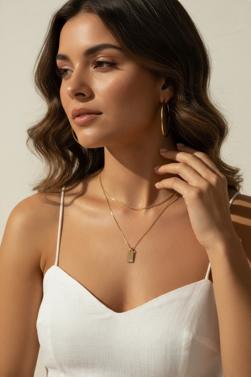 layered gold necklace, gold tag pendant necklace, rectangle pendant necklace, dainty layered necklaces, gold-tone chain necklace, minimalist pendant necklace, bar pendant necklace, layering necklace set, everyday gold necklace, gold hoop earrings, gift for her jewelry, birthstone-style pendant necklace
