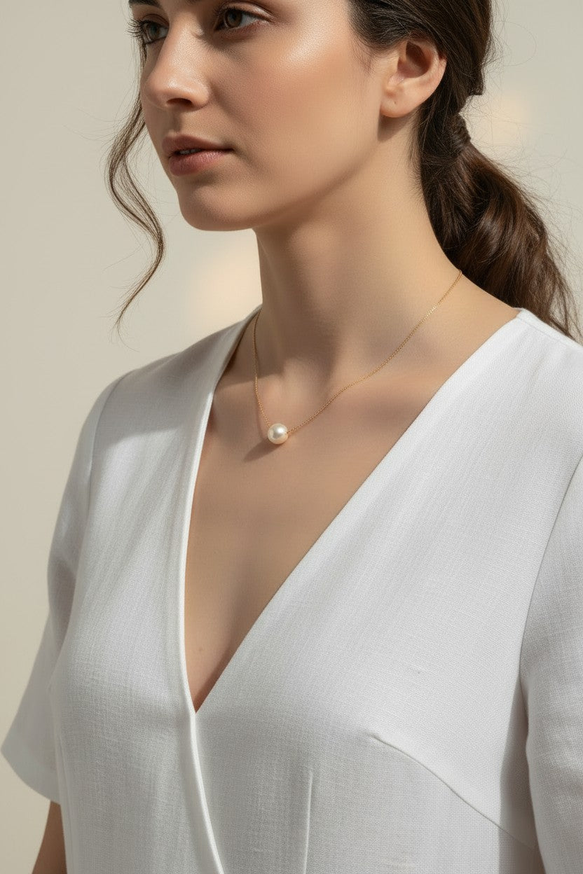single pearl necklace, pearl pendant necklace, gold chain pearl necklace, minimalist pearl jewelry, classic pearl necklace, everyday pearl necklace, floating pearl necklace, on-model necklace photography