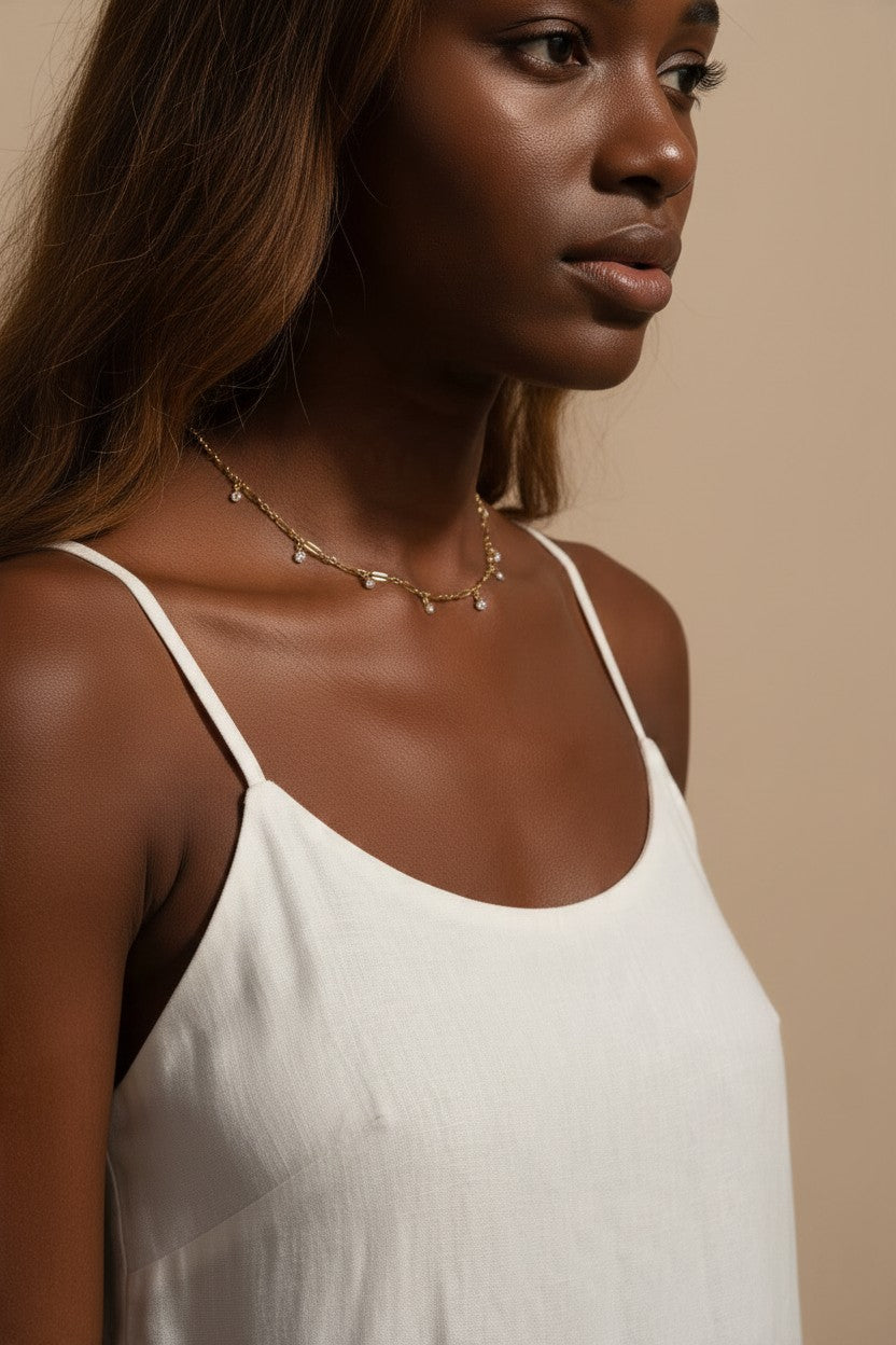 gold paperclip chain necklace, crystal station necklace on model, dangling crystal choker, bezel crystal necklace, gold-tone choker necklace, dainty gold necklace, sparkle chain necklace, collarbone necklace, layering necklace, bridal party necklace, everyday gold necklace, gift for her jewelry