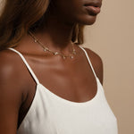 gold paperclip chain necklace, crystal station necklace on model, dangling crystal choker, bezel crystal necklace, gold-tone choker necklace, dainty gold necklace, sparkle chain necklace, collarbone necklace, layering necklace, bridal party necklace, everyday gold necklace, gift for her jewelry
