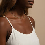 gold paperclip chain necklace, crystal station necklace on model, dangling crystal choker, bezel crystal necklace, gold-tone choker necklace, dainty gold necklace, sparkle chain necklace, collarbone necklace, layering necklace, bridal party necklace, everyday gold necklace, gift for her jewelry