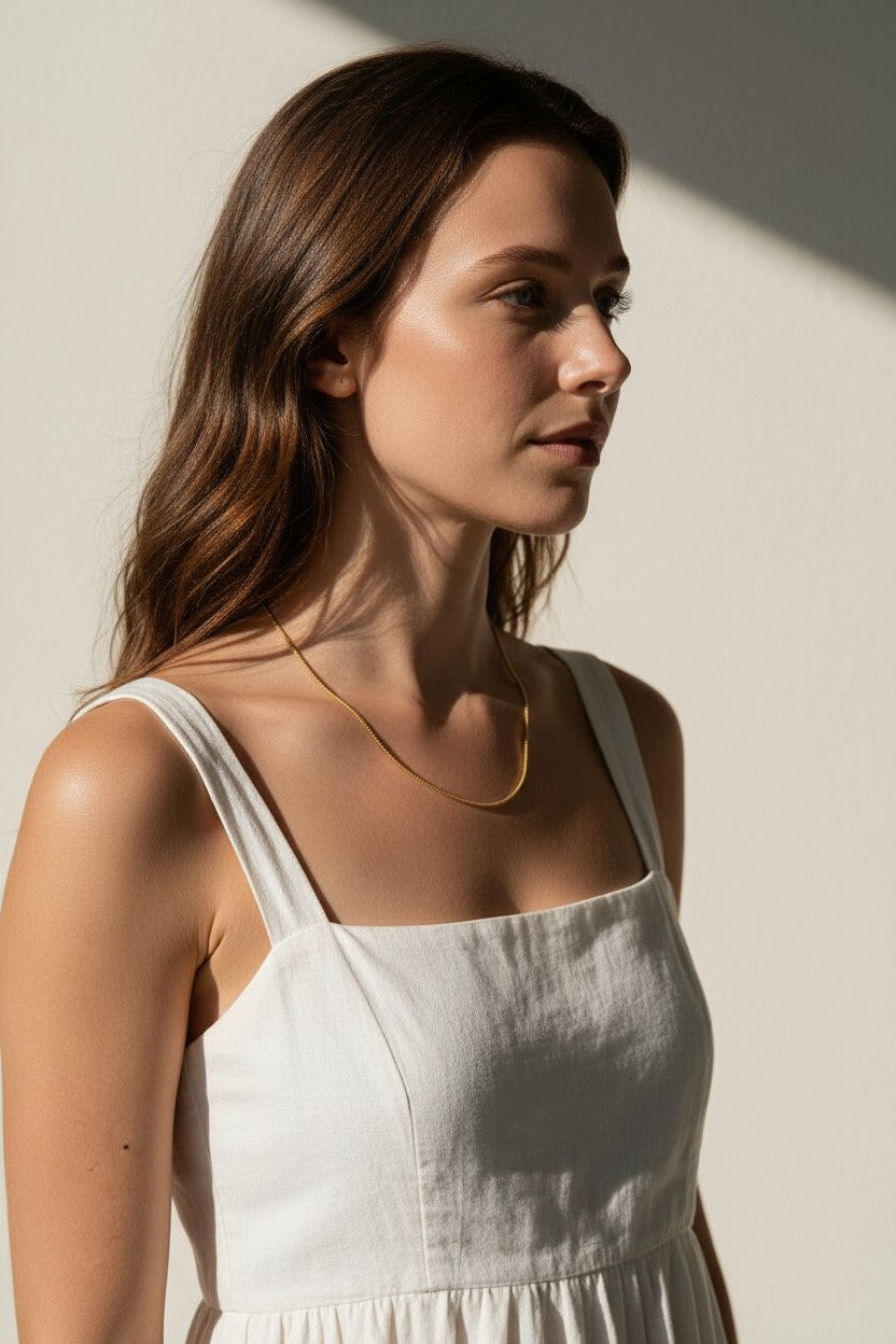 fine gold box chain necklace on model, thin gold chain necklace, dainty gold necklace, delicate box chain, layering chain necklace, collarbone necklace, minimalist gold necklace, everyday gold chain, simple gold chain necklace, lightweight gold necklace, summer linen style jewelry, gift for her
