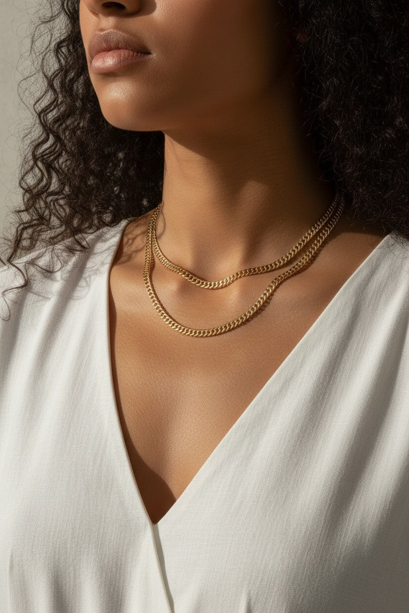 double layer curb chain necklace, layered gold necklace, curb link necklace, two-strand gold necklace, gold chain necklace, everyday layering necklace, statement chain necklace, on-model necklace photography