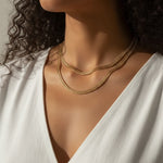 double layer curb chain necklace, layered gold necklace, curb link necklace, two-strand gold necklace, gold chain necklace, everyday layering necklace, statement chain necklace, on-model necklace photography