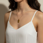 gold dog tag necklace, diagonal stripe pendant necklace, gold tag necklace, minimalist gold necklace, layering necklace, geometric pendant necklace, high polish gold jewelry, everyday gold necklace