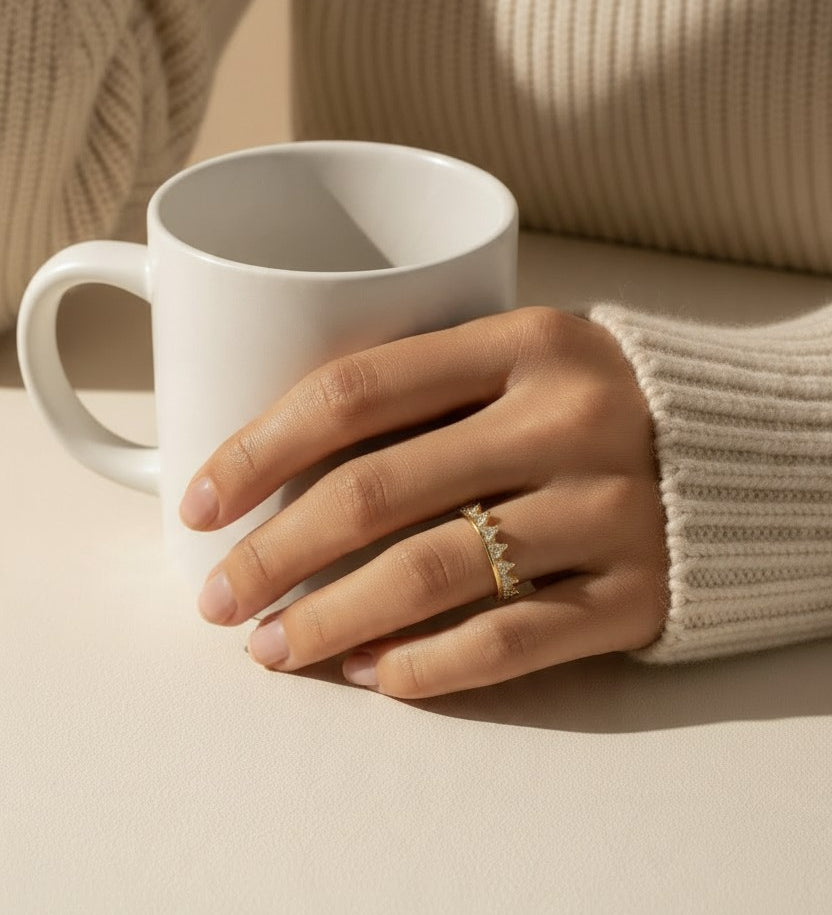gold crown ring on hand, trillion cut ring, triangle stone ring, tiara ring, gold-tone stacking ring, crystal band ring, dainty gold ring, zigzag stone ring, stackable ring, minimalist crown ring, everyday gold ring, gift for her jewelry