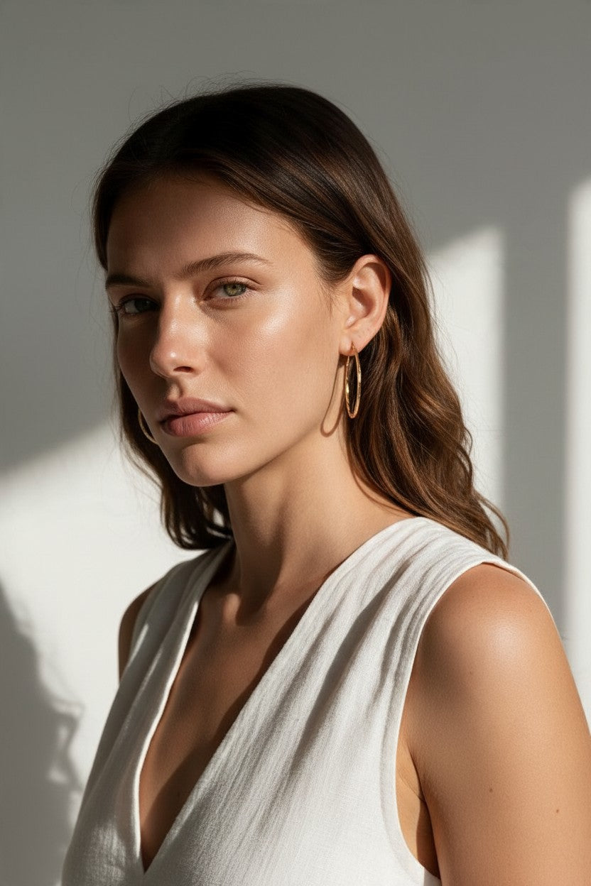 gold hoop earrings on model, textured gold hoops, thin endless hoop earrings, diamond-cut hoop earrings, lightweight hoop earrings, medium gold hoops, minimalist gold hoops, everyday hoop earrings, sleeper hoops, twist hoop earrings, women’s gold hoops, elegant everyday earrings