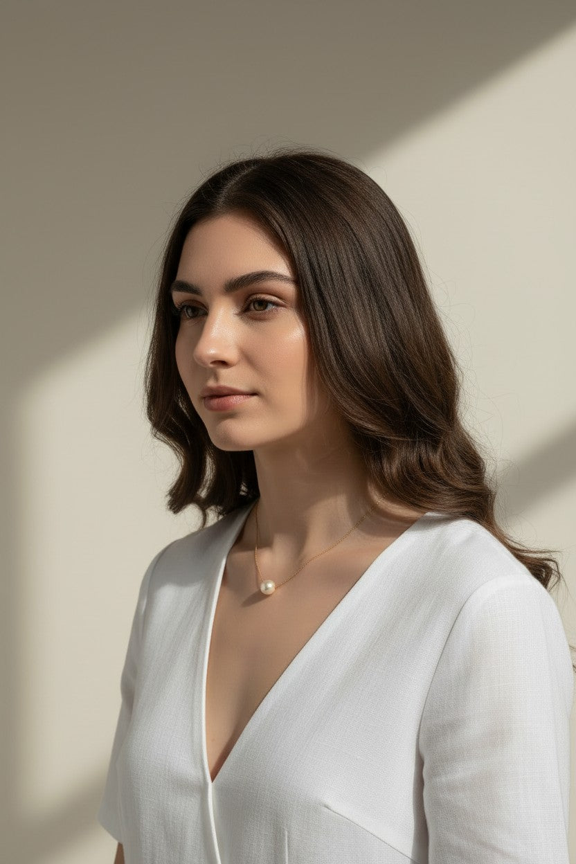 single pearl necklace, pearl pendant necklace, gold chain pearl necklace, minimalist pearl jewelry, classic pearl necklace, everyday pearl necklace, floating pearl necklace, on-model necklace photography
