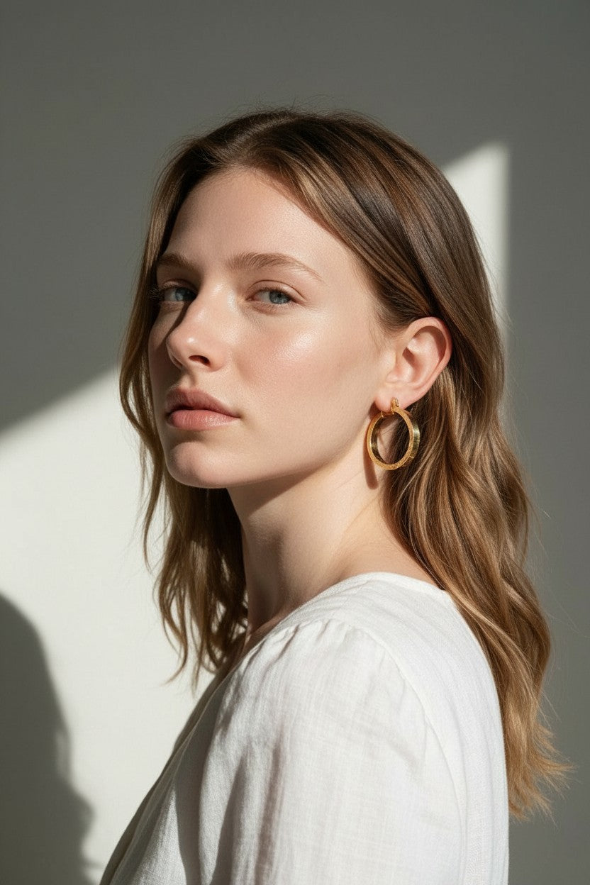 gold flat hoop earrings on model, wide band hoop earrings, medium gold hoop earrings, textured gold hoops, polished gold hoop earrings, modern hoop earrings, statement hoops, everyday gold hoops, minimalist hoop earrings, hoop earrings for bob hair, gift for her, linen summer style jewelry