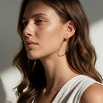 gold hoop earrings on model, textured gold hoops, thin endless hoop earrings, diamond-cut hoop earrings, lightweight hoop earrings, medium gold hoops, minimalist gold hoops, everyday hoop earrings, sleeper hoops, twist hoop earrings, women’s gold hoops, elegant everyday earrings