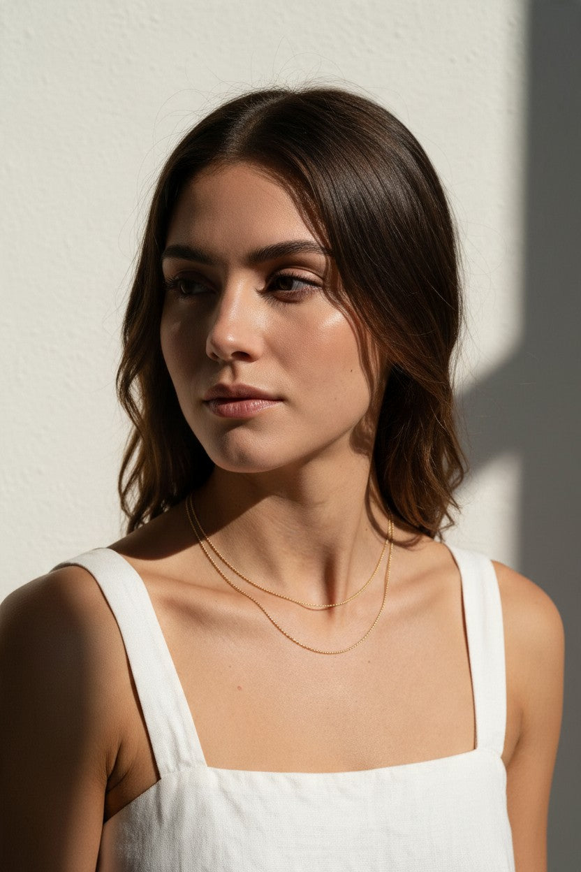 layered gold ball chain necklace, dainty bead chain necklace on model, faceted gold chain, thin gold layering necklaces, two layer gold necklace, minimalist gold necklace, delicate gold chain, collarbone necklace, everyday gold necklace, sparkly gold bead chain, women’s layering necklace, summer gold necklace