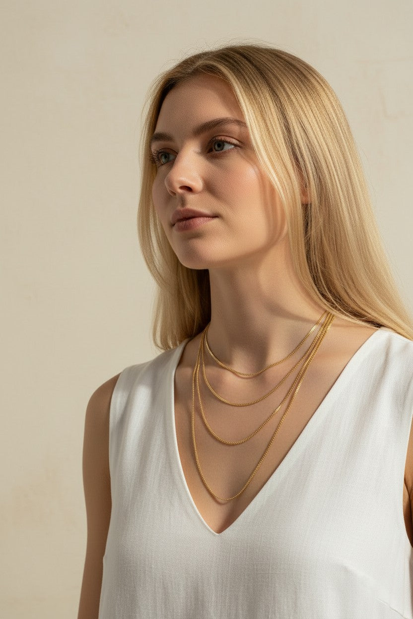 mariner chain necklace on-model, anchor link necklace gold, 18K gold overlay chain, nautical chain necklace, layered mariner chain, statement link necklace, textured gold chain, mariner necklace close-up
