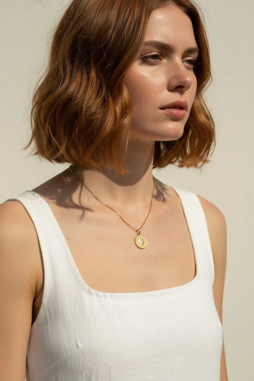 gold coin necklace, Queen Elizabeth coin pendant, vintage coin necklace, medallion necklace gold, coin charm necklace, textured gold necklace, collectible coin jewelry, layering necklace
