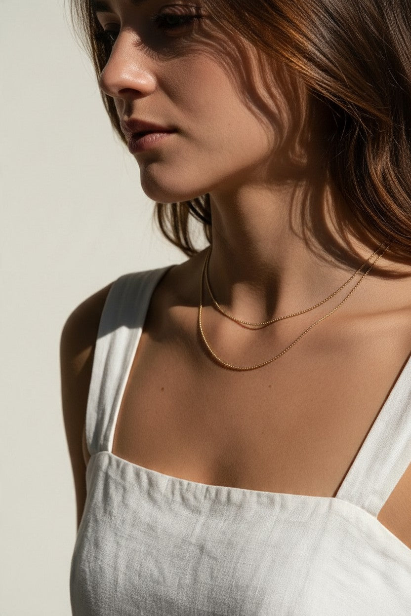 layered gold ball chain necklace, dainty bead chain necklace on model, faceted gold chain, thin gold layering necklaces, two layer gold necklace, minimalist gold necklace, delicate gold chain, collarbone necklace, everyday gold necklace, sparkly gold bead chain, women’s layering necklace, summer gold necklace