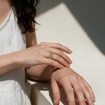 mesh dome ring on model, textured statement ring, perforated gold ring, split shank ring lifestyle, beaded texture ring on hand, sculptural gold ring, everyday statement jewelry