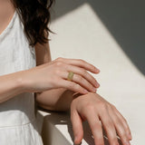 mesh dome ring on model, textured statement ring, perforated gold ring, split shank ring lifestyle, beaded texture ring on hand, sculptural gold ring, everyday statement jewelry