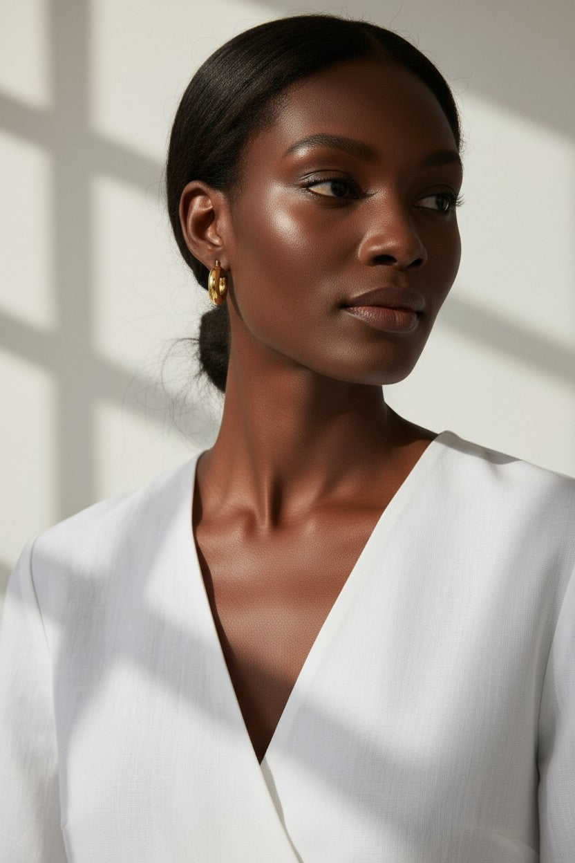 mini dome hoop earrings, small gold hoops on model, chunky mini hoops, rounded gold earrings, everyday small hoops, polished dome earrings, compact gold hoops, minimalist statement earrings