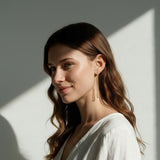 long gold rectangle earrings on model, geometric wire earrings, minimalist gold drop earrings, elongated open hoop earrings, modern gold earrings, lightweight statement earrings, architectural earrings, thin gold wire earrings, contemporary gold jewelry, linear gold earrings, women’s geometric earrings, elegant everyday earrings