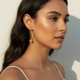 gold coin charm earrings, coin hoop earrings, gold hoop earrings with charm, vintage coin jewelry, dangle hoop earrings, everyday gold earrings, medallion earrings, on-model earring photography