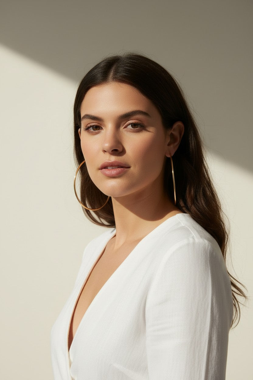 This series of lifestyle portraits shows large gold hoop earrings worn at the ear, their smooth round-wire silhouette shown at true scale against soft waved hair and warm, sunlit skin. Styled with a plunging white wrap top in both an indoor studio setting and an outdoor balcony scene, the hoops are captured from front-facing, side-profile, and close-up angles, giving shoppers a comprehensive view of drop length, diameter, and fit. 